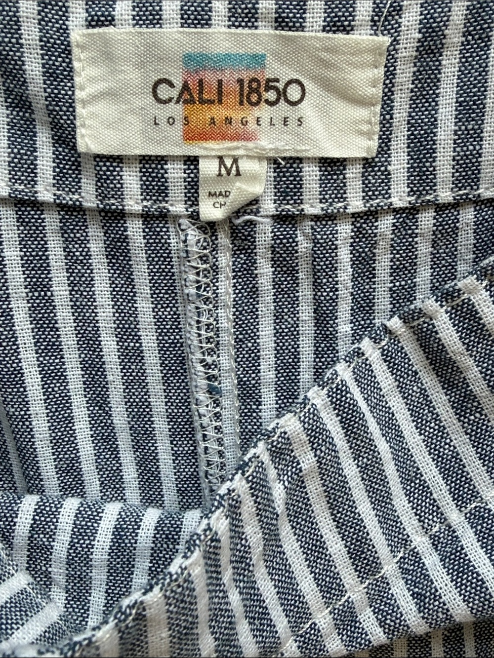 Cali 1850 Los Angeles Blue & White Striped Linen Blend Overall Shorts Romper Med - Picture 4 of 10